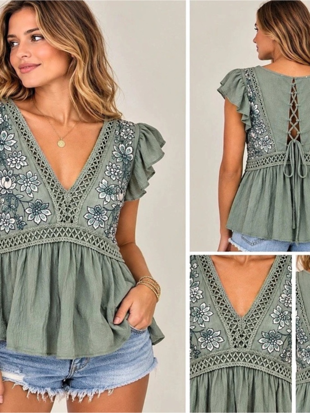 Mi Ami Sage Green Embroidered Boho Top – Size Large